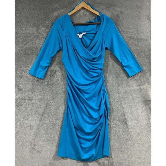 Diane Von Furstenberg Bentley Turquoise Stretch Ruched Faux Wrap Dress Sz M - Picture 1 of 10